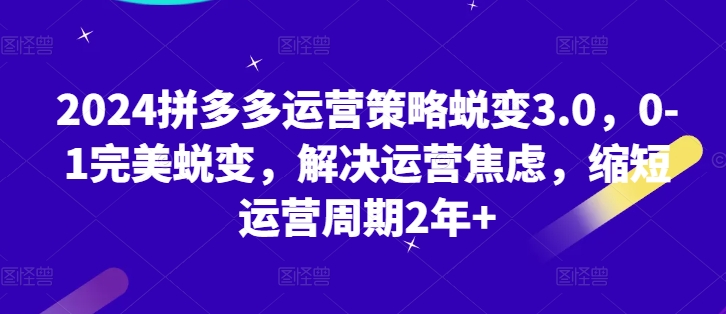 2024拼多多运营策略蜕变3.0，0-1完美蜕变，解决运营焦虑，缩短运营周期2年+-搞钱利器