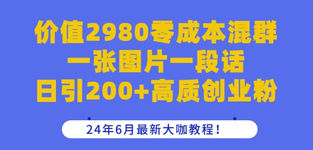 价值2980零成本混群一张图片一段话日引200+高质创业粉，24年6月最新大咖教程【揭秘】-搞钱利器