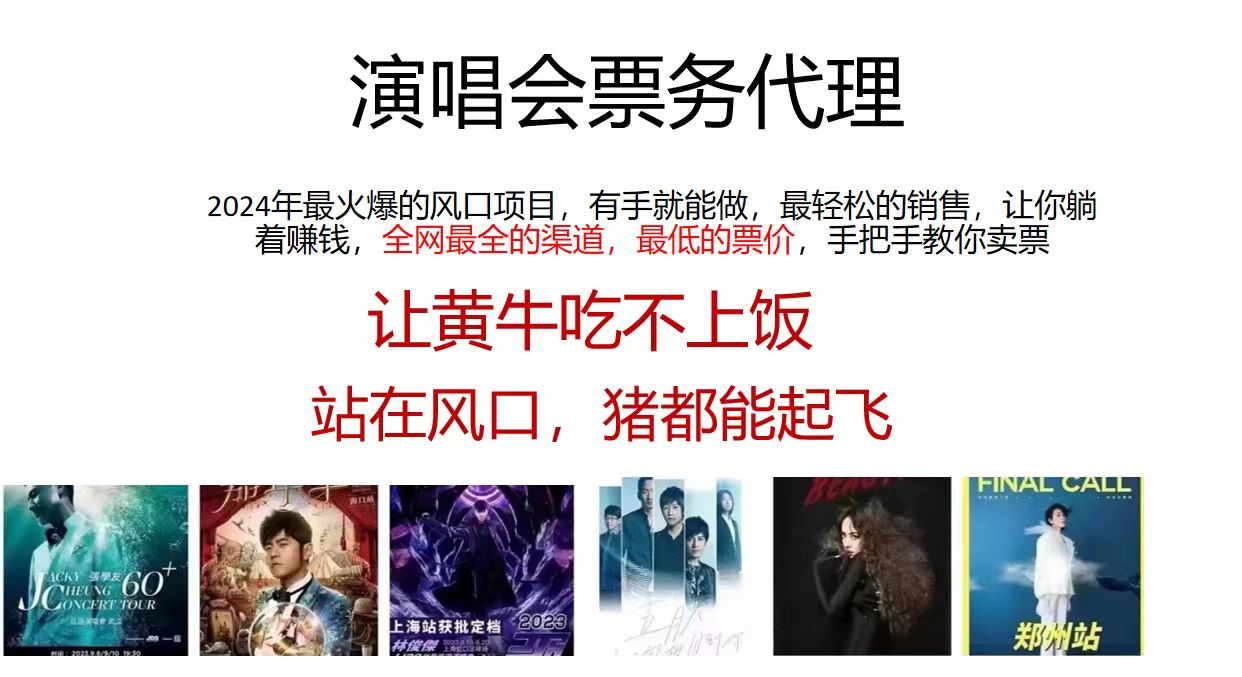 演唱会票务代理，2024年最火爆风口项目，全网最低的票价，小白一分钟上…-搞钱利器