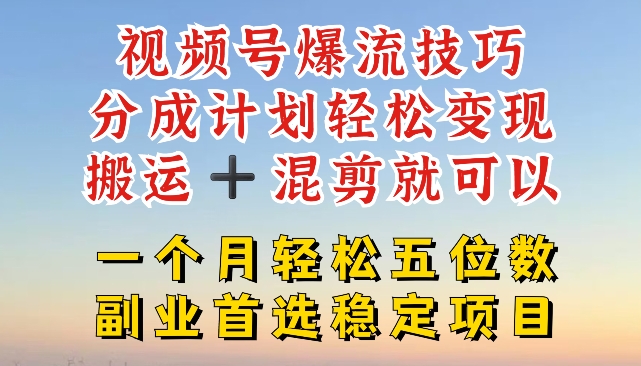 视频号爆流技巧，分成计划轻松变现，搬运 +混剪就可以，一个月轻松五位数稳定项目【揭秘】-搞钱利器