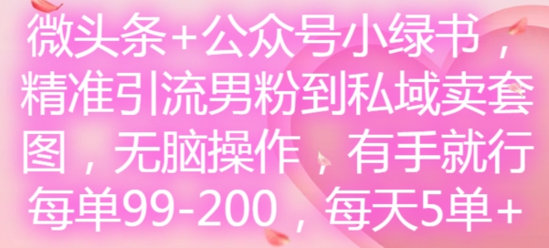 微头条+公众号小绿书，精准引流男粉到私域卖套图，无脑操作，有手就行，每单99-200，每天5单-搞钱利器