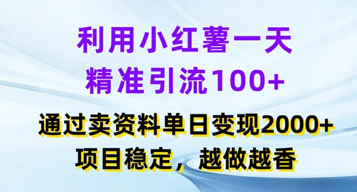 利用小红书一天精准引流100+，通过卖项目单日变现2k+，项目稳定，越做越香【揭秘】-搞钱利器