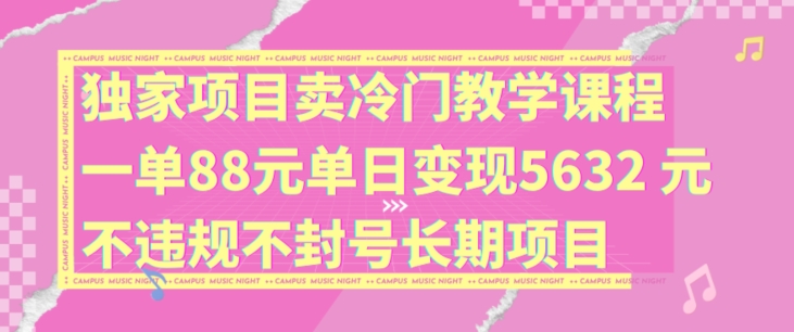 独家项目卖冷门教学课程一单88元单日变现5632元违规不封号长期项目【揭秘】-搞钱利器