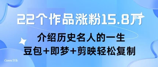 22个作品涨粉15.8W ，介绍历史名人的一生 ， 豆包+即梦+剪映轻松复制-搞钱利器