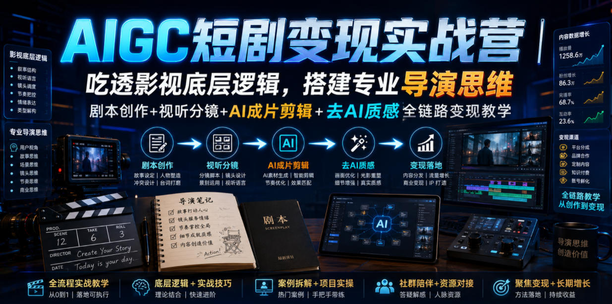 AIGC短剧变现实战营｜吃透影视底层逻辑，搭建专业导演思维，剧本创作+视听分镜+AI成片剪辑+去AI质感全链路变现教学-搞钱利器