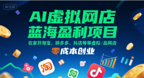 AI虚拟网店蓝海盈利项目，在家开淘宝、拼多多、抖店等虚拟品网店，零成本创业-搞钱利器