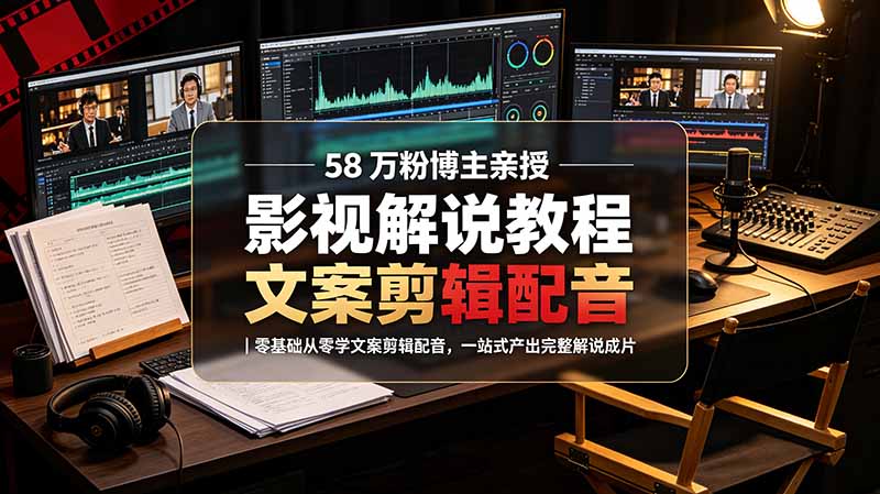 58 万粉博主荧幕春秋亲授影视解说教程｜零基础从零学文案剪辑配音，一站式产出完整解说成片-搞钱利器
