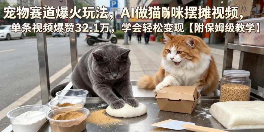 宠物赛道爆火玩法，AI做猫咪摆摊视频，单条视频爆赞32.1万，学会轻松变现【附保姆级教学】-搞钱利器