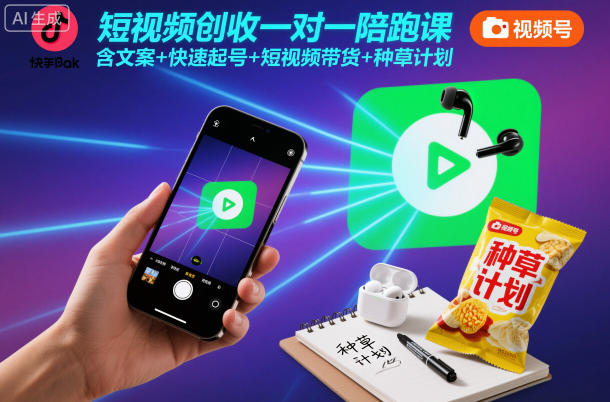 短视频创收一对一陪跑课,含文案+快速起号+短视频带货+种草计划-搞钱利器