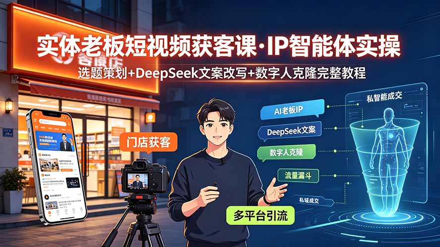 实体老板短视频获客课·IP智能体实操｜选题策划+DeepSeek文案改写+数字人克隆完整教程-搞钱利器