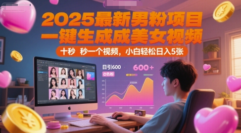 2025最新男粉项目，一键生成美女视频，日引600+色粉 十秒一个视频，小白轻松日入5张【揭秘】-搞钱利器