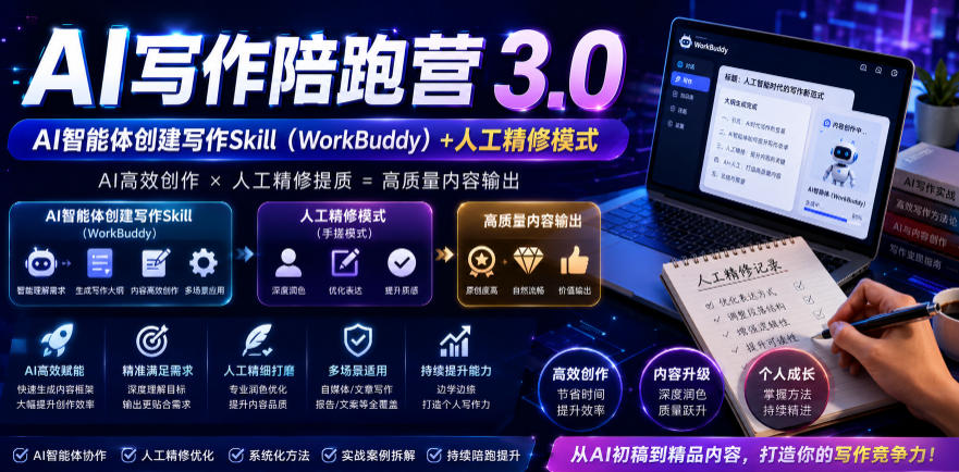 AI写作陪跑营3.0，Ai智能体创建写作skill(workbuddy)+人工手写模式(手搓模式)，去除AI痕迹(头条号、公众号、百家号)(更新0814)-搞钱利器