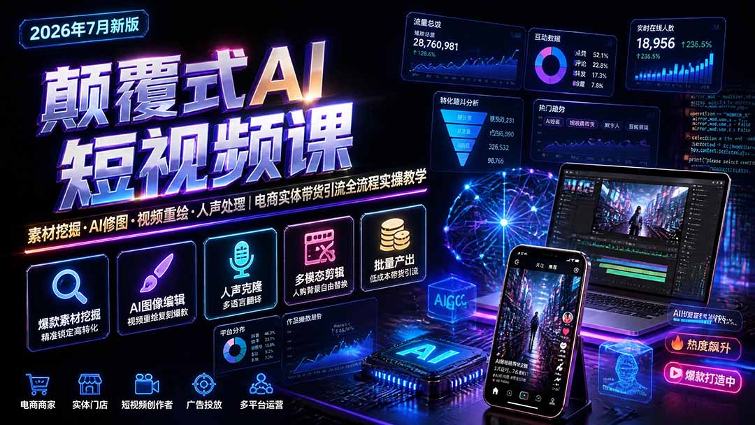 颠覆式AI短视频课｜素材挖掘，AI修图，视频重绘，人声处理｜电商实体带货引流全流程实操教学-搞钱利器