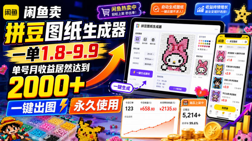 闲鱼卖拼豆图纸生成器，一单1.8-9.9，单号月收益居然达到2000+一键出图永久使用-搞钱利器