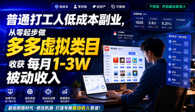 普通打工人低成本副业，从零起步做多多虚拟类目，收获每月1-3W被动收入【揭秘】-搞钱利器