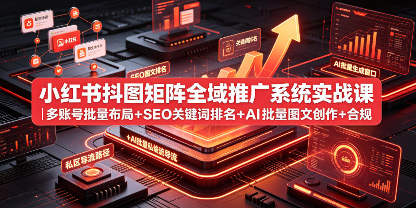 小红书抖图矩阵全域推广系统实战课｜多账号批量布局+SEO关键词排名+AI批量图文创作+合规私域导流完整落地教程-搞钱利器