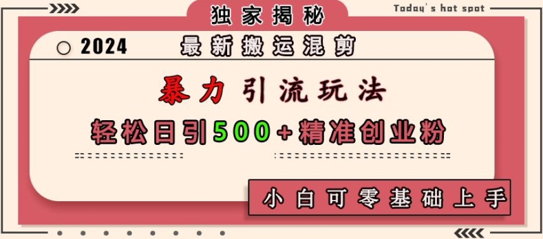 最新搬运混剪暴力引流玩法，轻松日引500+精准创业粉，小白可零基础上手-搞钱利器