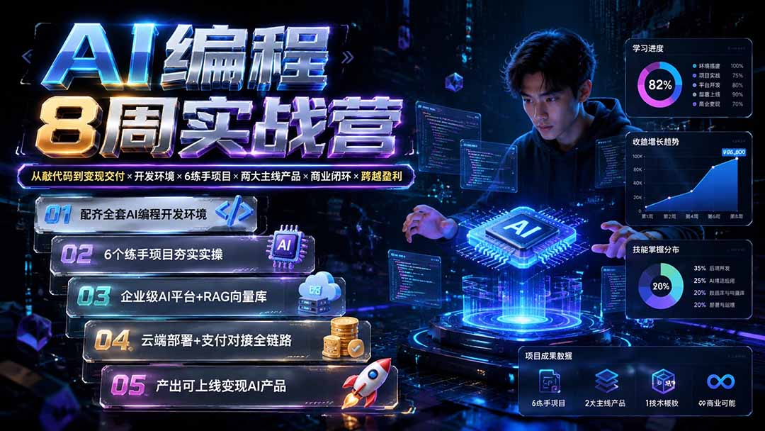AI编程8周实战营：从敲代码到变现交付×开发环境×6练手项目×两大主线产品×商业闭环×跨越盈利-搞钱利器