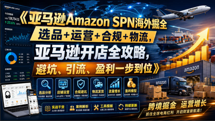 亚马逊Amazon SPN海外掘全，选品+运营+合规+物流，亚马逊开店全攻略，避坑、引流、盈利一步到位-搞钱利器
