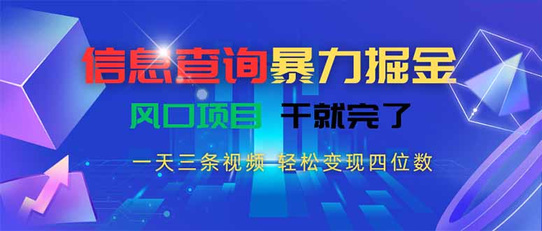 信息查询暴力掘金，一天三条视频 轻松变现四位数，风口项目干就完了-搞钱利器