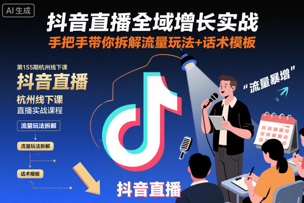 抖音直播全域增长实战第155期杭州线下课,手把手带你拆解流量玩法+话术模板-搞钱利器
