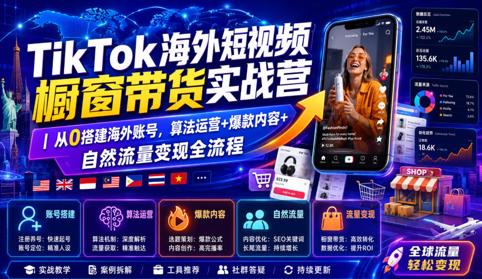 TikTok海外短视频橱窗带货实战营｜从0搭建海外账号，算法运营+爆款内容+自然流量变现全流程-搞钱利器
