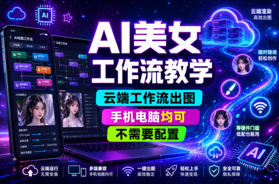 AI美女工作流教学，云端工作流出图，手机电脑均可，不需要配置，快速起号涨粉-搞钱利器