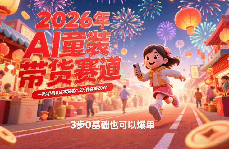 AI童装新春带货赛道，一部手机0成本狂销1.2万件喜提20W+，3步0基础也可以爆单-搞钱利器
