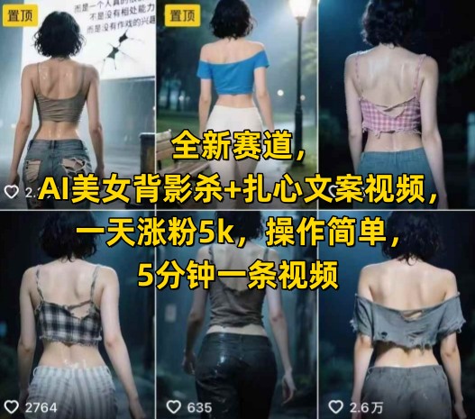 全新赛道，AI美女背影杀+扎心文案视频，一天涨粉5k，操作简单，5分钟一条视频-搞钱利器