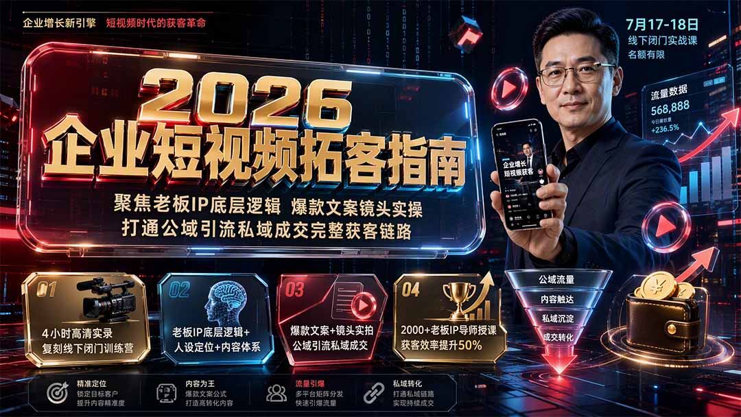 2026企业短视频拓客指南：聚焦老板IP底层逻辑，爆款文案镜头实操，打通公域引流私域成交完整获客链路-搞钱利器