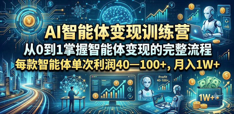 AI智能体变现训练营，从0到1掌握智能体变现的完整流程，每款智能体单次利润40—100+，月入1W+-搞钱利器