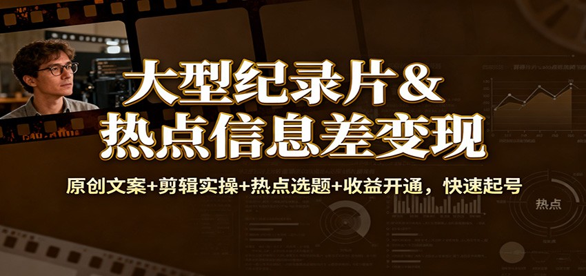 大型纪录片&热点信息差变现:原创文案+剪辑实操+热点选题+收益开通,快速起号-搞钱利器