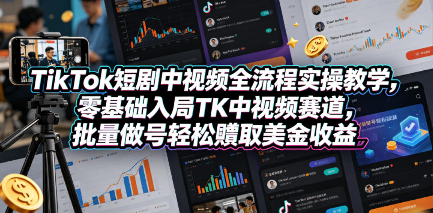 TikTok短剧中视频全流程实操教学，零基础入局TK中视频赛道，批量做号轻松賺取美金收益-搞钱利器