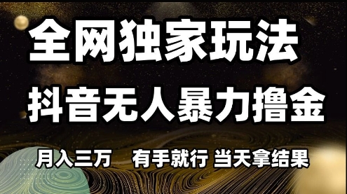 全网独家玩法抖音无人暴力撸金，月入3W，有手就行，当天拿结果【揭秘】-搞钱利器
