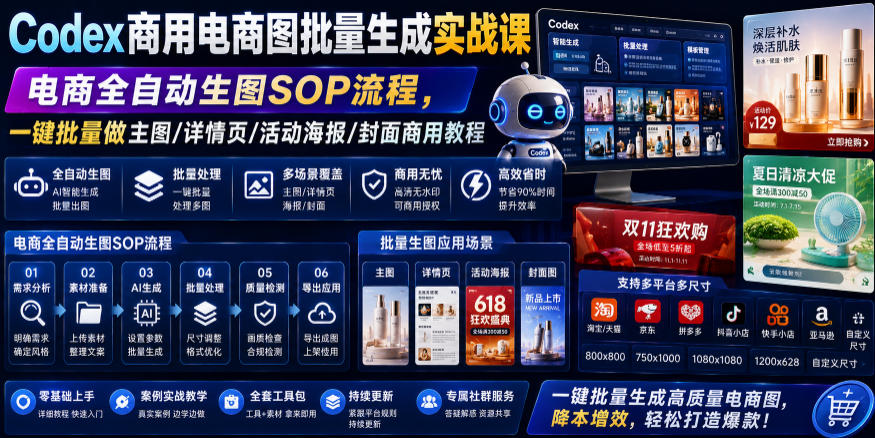 Codex商用电商图批量生成实战课|电商全自动生图SOP流程,一键批量做主图/详情页/活动海报/封面商用教程-搞钱利器