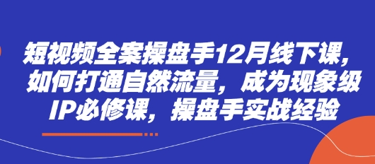 短视频全案操盘手12月线下课，如何打通自然流量，成为现象级IP必修课，操盘手实战经验-搞钱利器