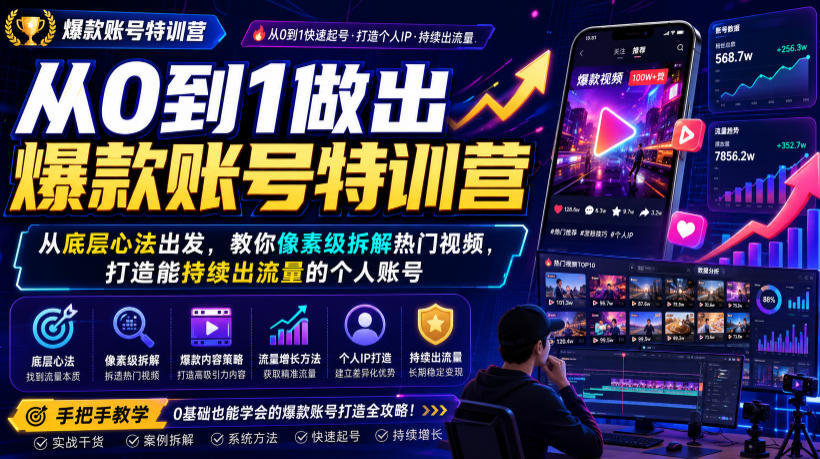 从0到1做出爆款账号特训营，从底层心法出发，教你像素级拆解热门视频，打造能持续出流量的个人账号-搞钱利器
