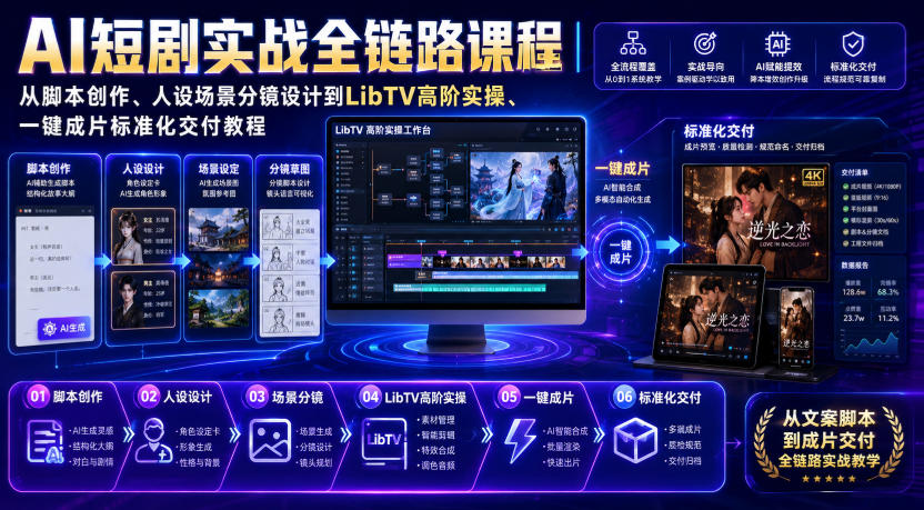 AI短剧实战全链路课程｜从脚本创作、人设场景分镜设计到LibTV高阶实操、一键成片标准化交付教程-搞钱利器