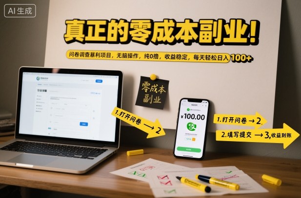 真正的零成本副业！问卷调查暴利项目，无脑操作，纯0撸，收益稳定，每天轻松日入100+【揭秘】-搞钱利器