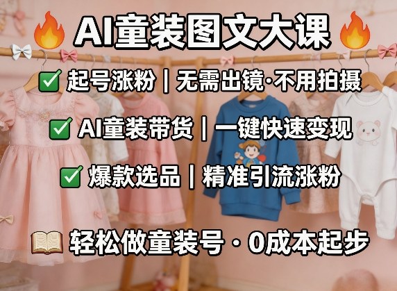 AI童装图文剪辑，某社群童装图文大课，起号涨粉、AI童装带货、爆款选品，无需出镜和拍摄-搞钱利器