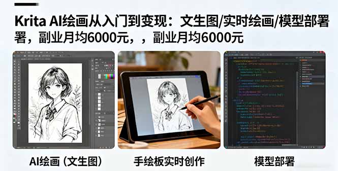 Krita AI绘画从入门到变现：文生图/实时绘画/模型部署，副业月均6000元-搞钱利器