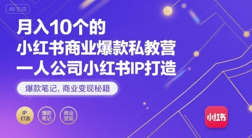 月入10个的小红书商业爆款私教营，一人公司小红书IP打造，爆款笔记，商业变现秘籍-搞钱利器