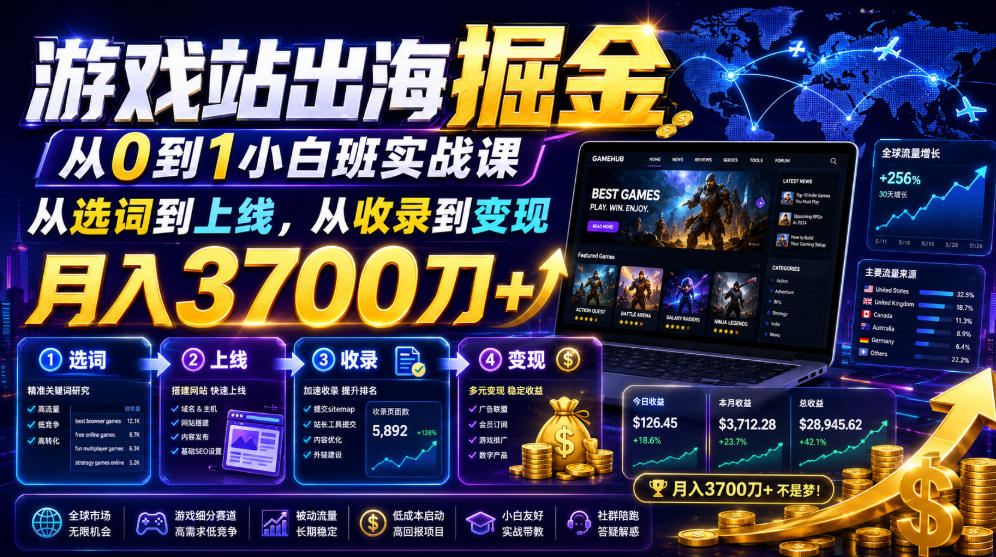 游戏站出海掘金从0到1小白实战课，从选词到上线，从收录到变现，月入3700刀+-搞钱利器
