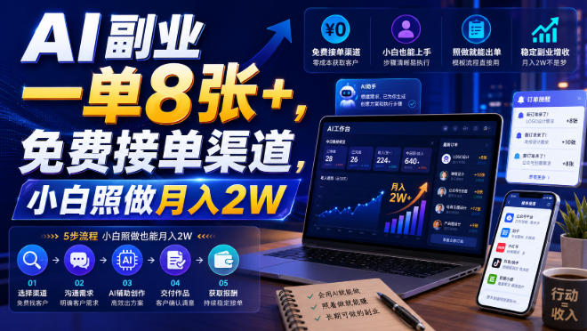 AI副业一单8张+，免费接单渠道，小白照做月入2W【揭秘】-搞钱利器
