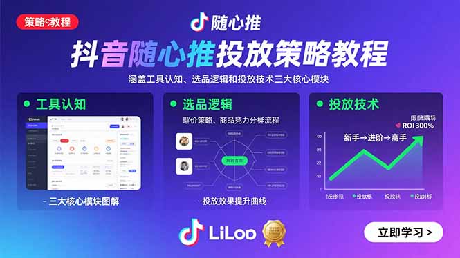 抖音随心推投放策略教程：涵盖工具认知、选品逻辑和投放技术三大核心模块-搞钱利器