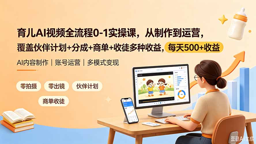 育儿AI视频全流程0-1实操课，从制作到运营，覆盖伙伴计划+分成+商单+收徒多种收益，每天500+收益-搞钱利器