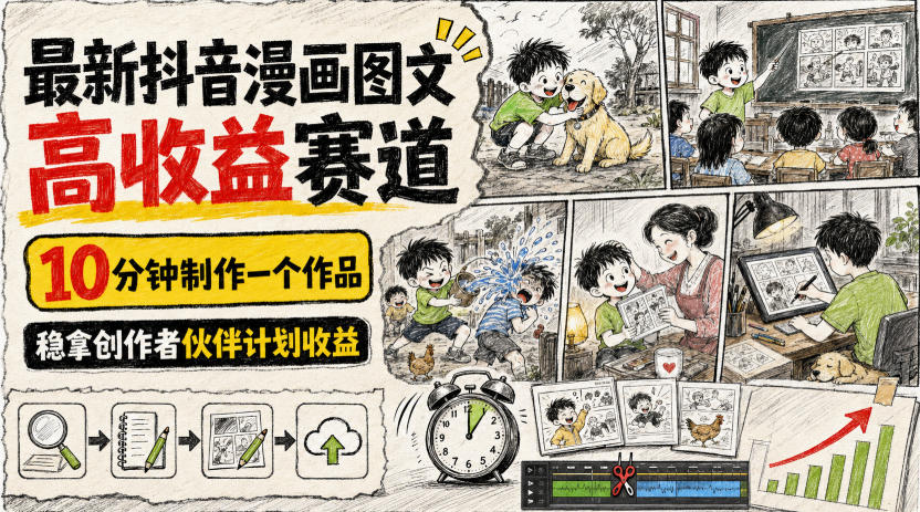 最新抖音漫画图文高收益赛道，10分钟制作一个作品，稳拿创作者伙伴计划收益-搞钱利器