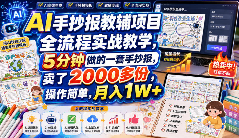 AI手抄报教辅项目全流程实战教学，5分钟做的一套手抄报，卖了2000多份，操作简单，月入1W+-搞钱利器