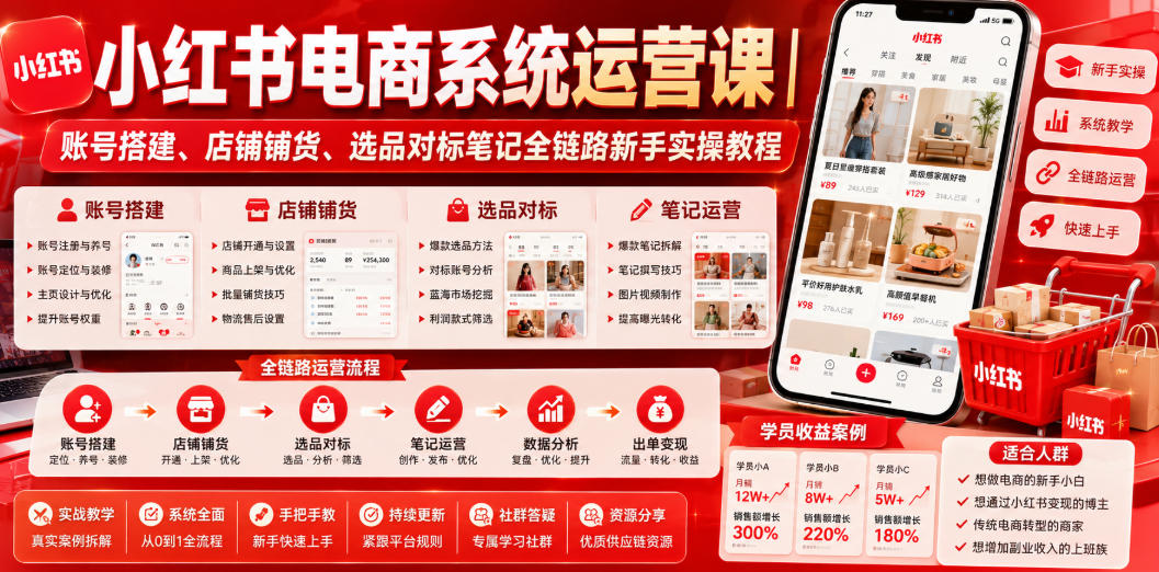 小红书电商系统运营课｜账号搭建、店铺铺货、选品对标笔记全链路新手实操教程-搞钱利器