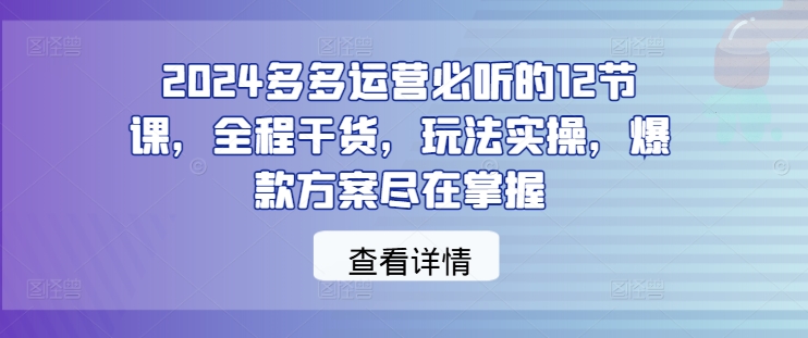 2024多多运营必听的12节课，全程干货，玩法实操，爆款方案尽在掌握-搞钱利器